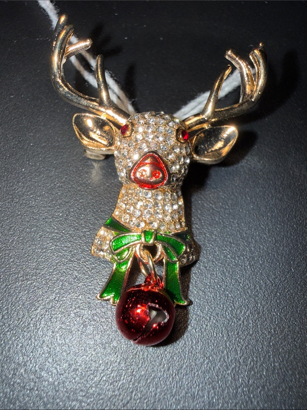 Festive Gold Crystal Reindeer Brooch with Red Ornament and Green Enamel Bow